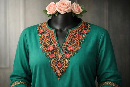 Elegante kurta verde esmeralda con intrincado bordado floral, dise&ntilde;o tradicional indio para moda &eacute;tnica, vestimenta cultural de lujo, blusa de cuello en V con detalles dorados