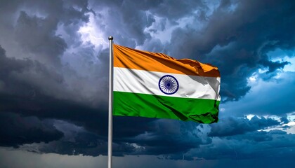 "Indian flag waving under cloudy dramatic sky."