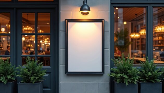 Blank menu board on gastropub exterior wall. Modern lighting illuminates cafe facade. Plants flank entrance. Cozy interior visible through window. Streetside dining ambiance.