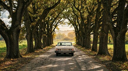 Rear view of a classic beige vintage car driving down a scenic rural road lined with large autumn oak trees creating a natural tunnel in the countryside at sunset