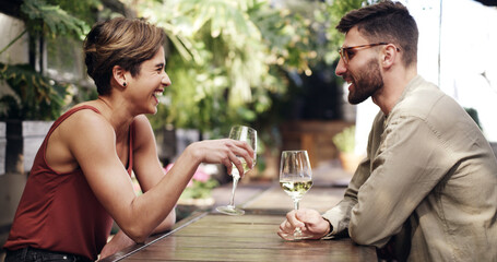 Love, laugh or couple in bistro with wine, connection or bonding together on anniversary. Happy, partner or people in restaurant with alcohol, funny chat or romantic date in healthy relationship.