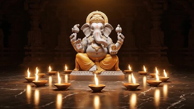 A 3d rendered ganesha idol, surrounded by glowing diyas, celebrates ganesh chaturthi in a warm, spiritual setting.