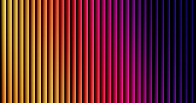 A vibrant and dynamic gradient of vertical bars transitions smoothly from warm orange and yellow hues to rich reds, purples, and deep blue colors, creating a modern abstract background.
