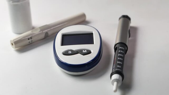 Slow zoom in on diabetic monitoring tools including glucometer lancing device and insulin pen on white background