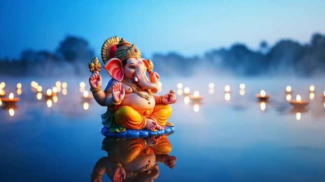 Spiritual lord ganesha idol sits on calm blue water, reflected by glowing diyas, celebrating ganesh chaturthi.