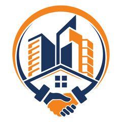 Fototapeta premium Real estate partnership handshake logo with city skyline and home icon in circular badge design