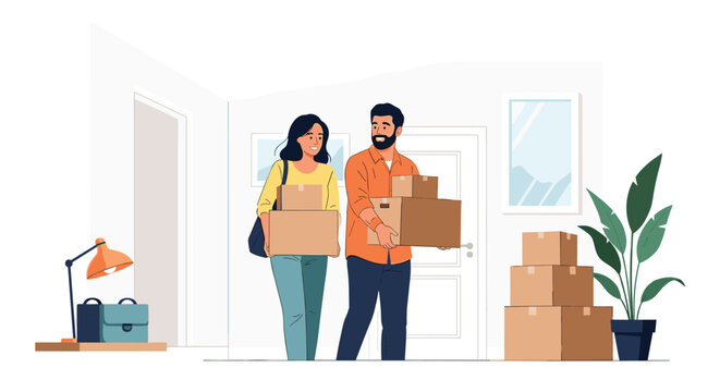 Happy young couple carrying cardboard boxes into their new apartment during a moving day to start their life together in a fresh home.