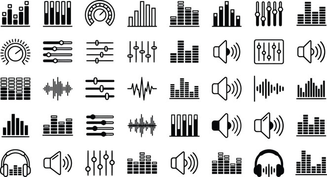 Collection of sound equalizer and volume control icons representing audio technology