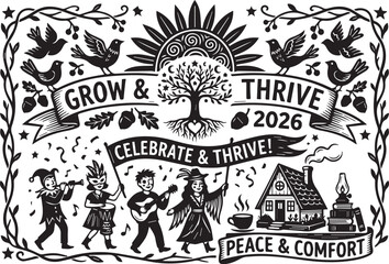 Grow & Thrive 2026 illustration with tree sun roots branches birds acorns dancing musicians cozy house food cup peace comfort festive renewal vector design