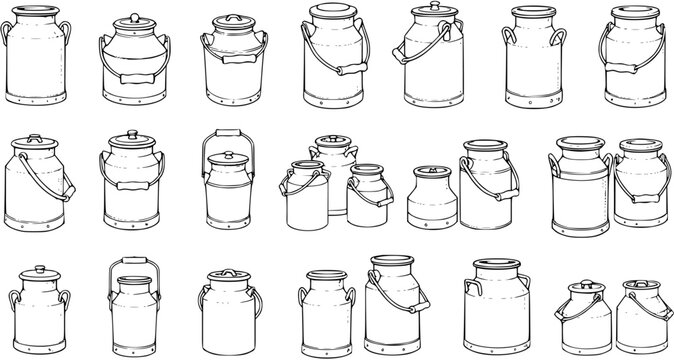 Assorted Milk Cans: Vintage Farm Dairy Vessel Collection in Outline Style