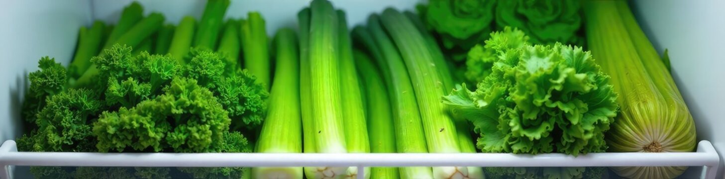 Crisp, vibrant green vegetables neatly organized in a refrigerator crisper drawer, ready for use Perfect for healthy eating and meal prepping , bok choy, mustard greens, meal prep