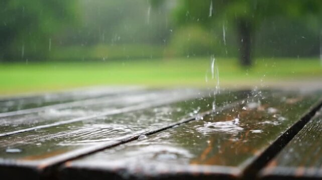 Raindrops falling on a wooden table in a park.