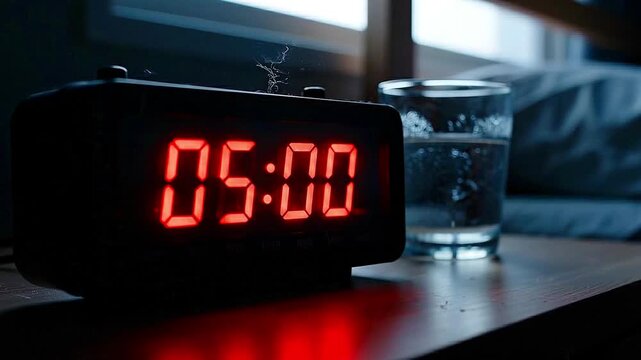 Digital alarm clock showing early morning time on bedside table lifestyle routine concept