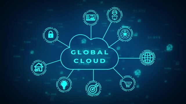 A glowing neon blue cloud with the word GLOBAL inside connected to various digital representing data analytics user profiles and network nodes against a dark blue digital background with