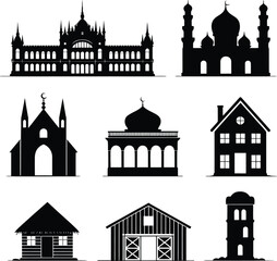 Fototapeta premium Collection of diverse building silhouettes including a grand palace a mosque a church a house and a barn