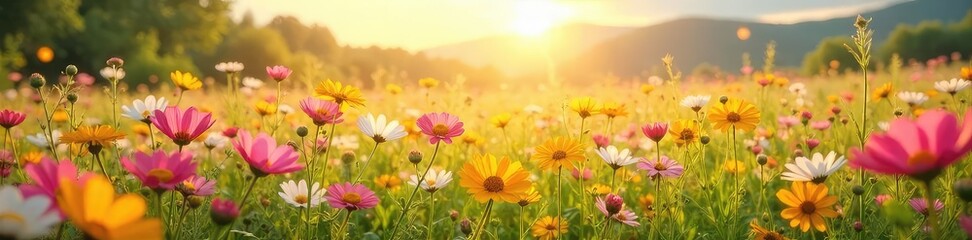 Fototapeta premium A vibrant, sun-drenched field of wildflowers bursts with joyful color, representing the boundless opportunities of nature's beauty and the simple pleasures of life , rural, landscape, auspicious