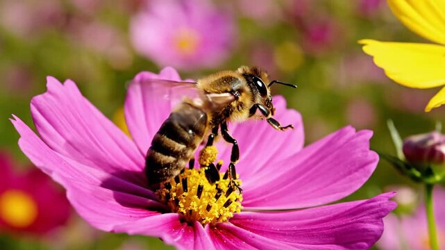 Busy bee collecting nectar from a pink wildflower