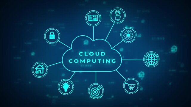 A vibrant neon blue cloud representing cloud computing with the text CLOUDCOMPUTING inside connected to digital for data analytics user profiles and network nodes set against a dark