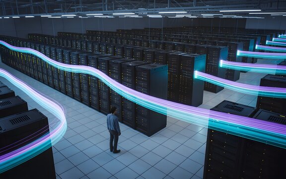 High-angle view of a vast modern data center with glowing lines depicting digital information flowing between server racks