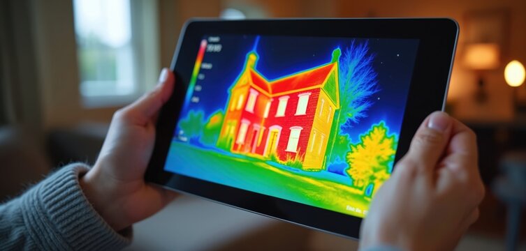 Person holds tablet displaying thermal scan of house. Shows heat loss zones, warm areas are red, cool areas blue. Inspecting building for insulation problems.