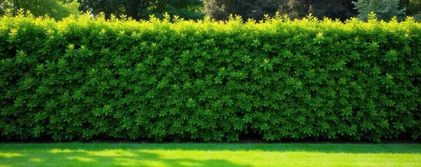 Lush green hedge neatly trimmed, creating a vibrant and natural boundary, perfect for privacy and aesthetic appeal in residential or commercial landscaping , yard, wall, hedge