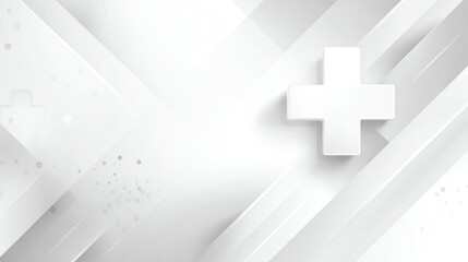 Obraz premium Abstract white background with geometric shapes and a prominent plus sign, ideal for health and medical themes.