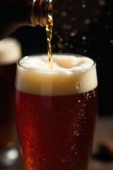 Close-up of dark, bitter beer pouring into a glass, highlighting the rich, amber color and thick head The aroma of hops is almost palpable , pint glass, brewing, aroma