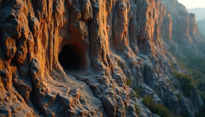 Rugged mountain cliff face shows cave entrance texture. Stone surface shows cracks and erosion detail. Natural rock formation background glows in warm sunset light.