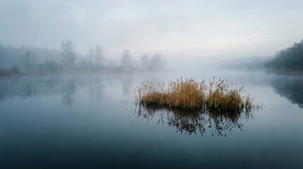 Serene landscape of a calm lake at dawn with thick fog reflecting bare trees and golden reeds on the still water surface in a peaceful morning atmosphere