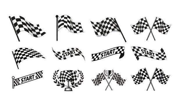 A set of black and white checkered flags and banners for racing and competition