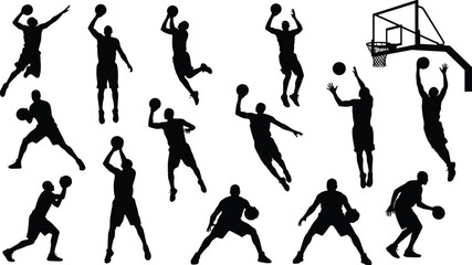 Basketball silhouettes, players in action, dribbling, shooting, dunking, jumping, hoop illustration, sports training, athletic movement, dynamic poses, teamwork concept © Sandra Weiss