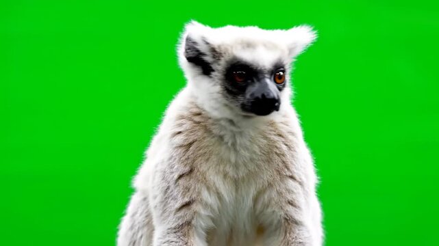 A ring-tailed lemur sitting upright and looking directly at the camera with a curious expression against a green background