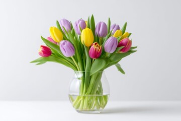 Fototapeta premium a bouquet of colorful tulips in a glass vase, on a white background