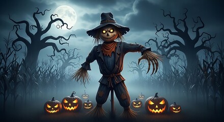Scarecrow standing in a haunted forest surrounded by glowing pumpkins under a full moon at night