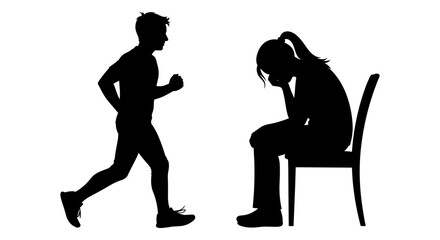 Contrast of energy and exhaustion between a running child and a slumped individual. Vector, illustration