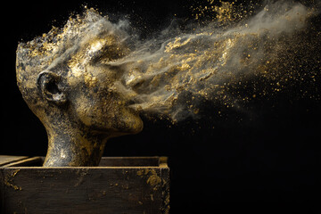 A head opening like a treasure chest releasing golden dust shaped like ideas forming abstract sculptures mid air, representing creative explosion, studio black background