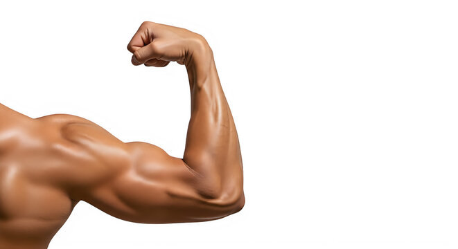 A close-up of a muscular arm flexing to showcase strength and physical fitness. isolated on transparent background