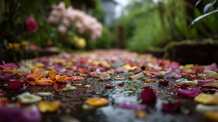 Fallen Flower Petals After Rain with Water Droplets