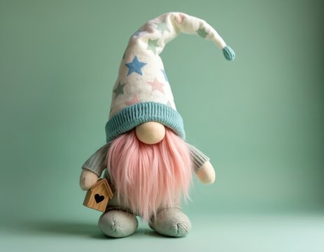 Plush gnome with pink beard wears star hat. Gnome holds tiny wooden house with heart. Handmade toy sits on mint background. Soft doll accessory.