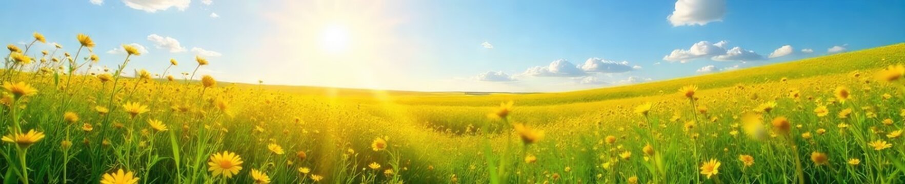 A sun-drenched meadow ablaze with golden wildflowers, stretching to a distant horizon under a clear blue sky Perfect for nature, fantasy, and idyllic themes , horizon, earth