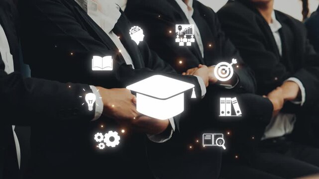 A group of professionals in business attire sits together, symbolizing collaboration and education, with various icons representing ambition and success in the background. Raster