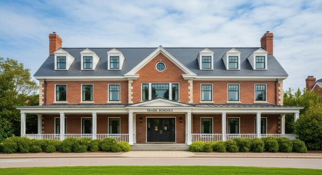 A grand, historic brick building with multiple dormer windows and a symmetrical facade, set against a backdrop of lush green trees and a clear blue sky.