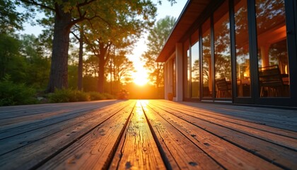Wooden deck exterior at sunset near modern house with large glass windows. Sun shines through tall trees creating warm light on the patio. Peaceful nature scene.