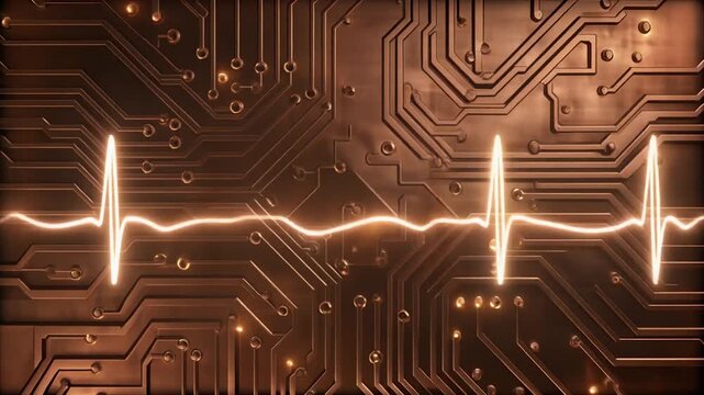 Futuristic looping metallic copper board animated light pulse wave warm tones detailed circuits seamless surreal ambience cascading softly abstract unique cinematic loop