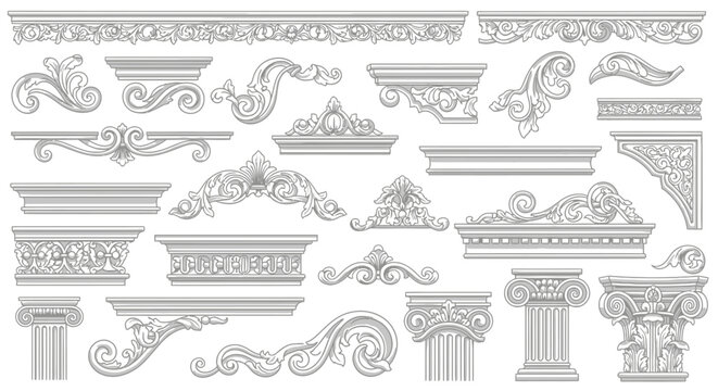 Collection of ornate decorative architectural elements and antique embellishments in classical style, ideal for design and decor