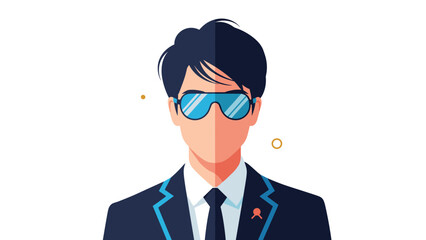 Symmetrical portrait of a modern man wearing a dark suit and futuristic blue sunglasses, presented as a flat graphic design with soft colors.