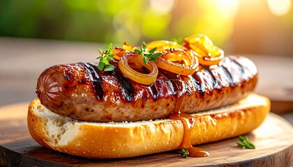 Grilled sausage sandwich. Charred sausage in a toasted bun topped with caramelized onions and savory glaze, steaming and ready to eat.