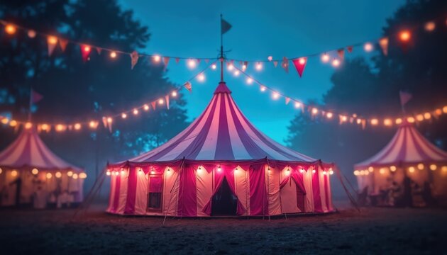 Circus tents glow with string lights at dusk. Festive banners hang between poles. Nighttime carnival atmosphere with magical illuminated canvas structures.