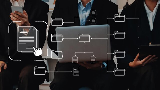 A group of business professionals engaged in collaboration using modern technology, showcasing digital documents and innovative file management solutions in a corporate office setting. Raster