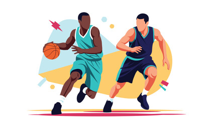 Naklejka premium Two professional basketball players in action during a game, featuring stylized graphic movement and vibrant colors on a clean white background.